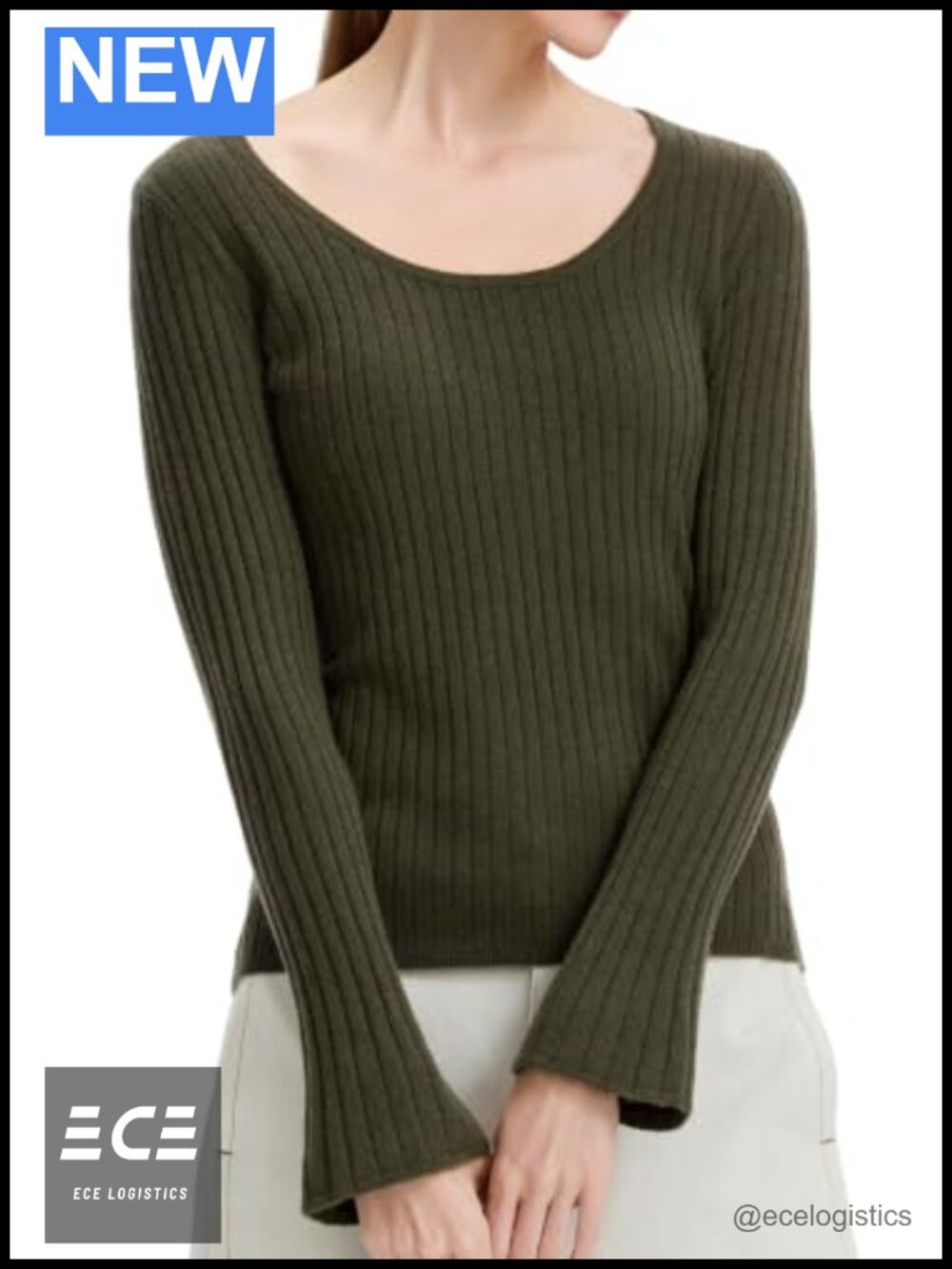Merino Wool Pullover Sweater Flare Sleeve U Neck Knit Top